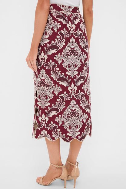 Blush Pink and Burgundy Bicolor Jacquard Waves Midi Skirt