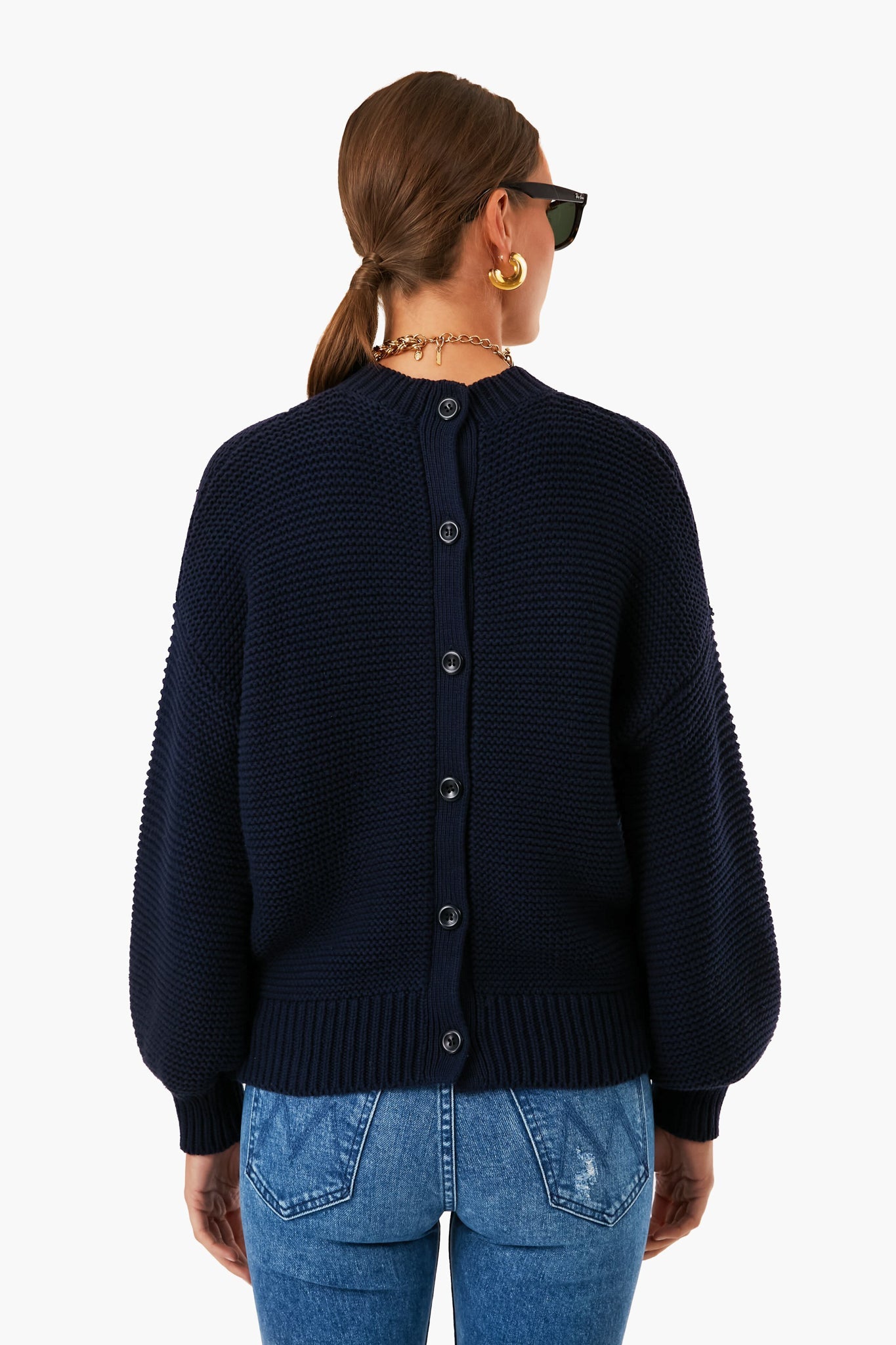 Dark Navy Button Back Crewneck Sweater