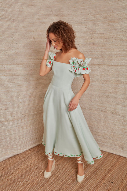 Mint Alanya Linen Off The Shoulder Embroidered Midi Dress