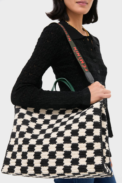 Black and Cream Crochet Checker Summer Simple Tote