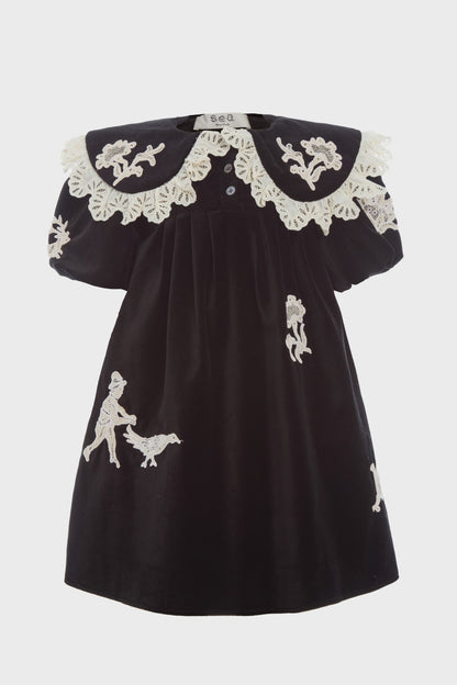 Black Mika Applique Velveteen Dress
