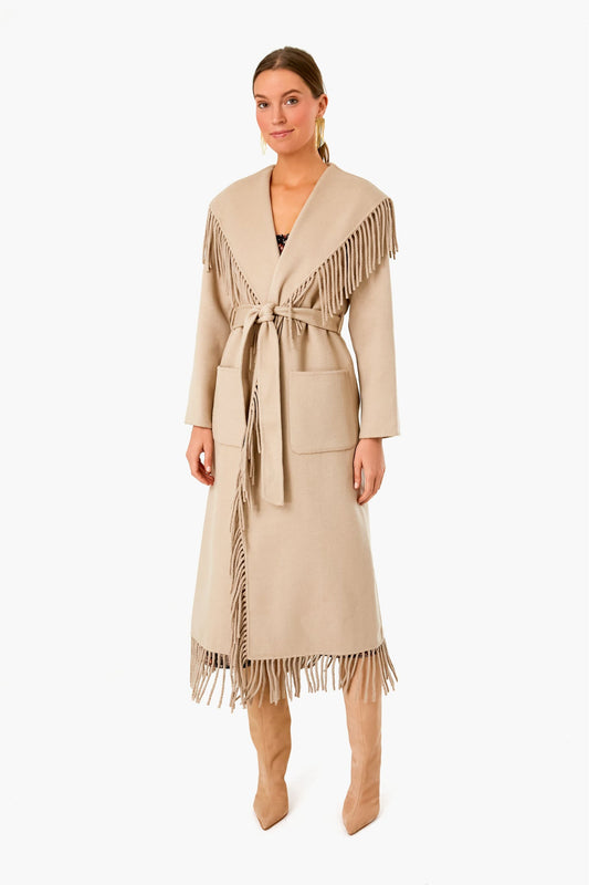 Sand Carrie Double Faced Wool Lapel Fringe Long Coat