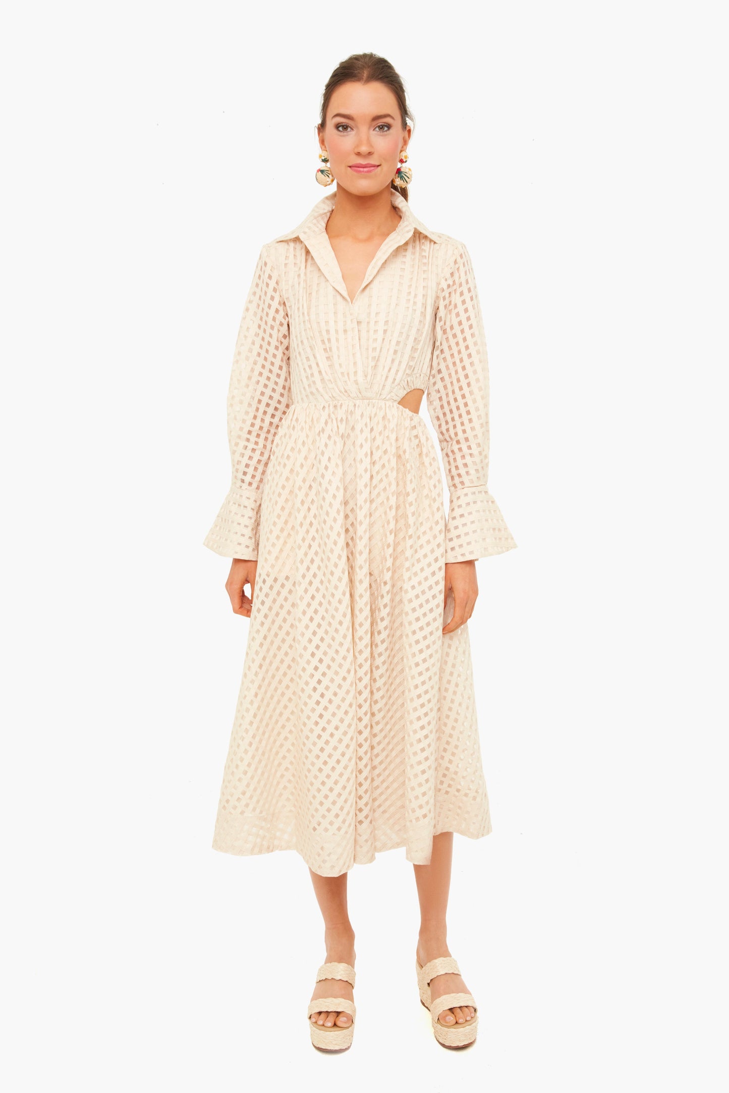 Champagne Allie Sheer Windowpane Cut Out Shirt Dress