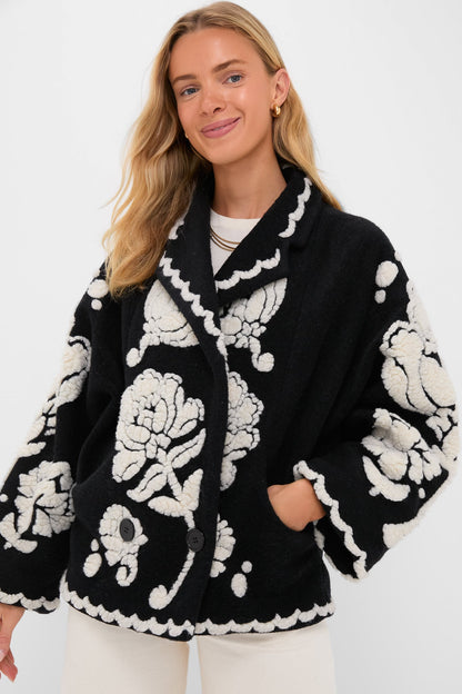 Black Cream Floral Arabesque Fleece Coat
