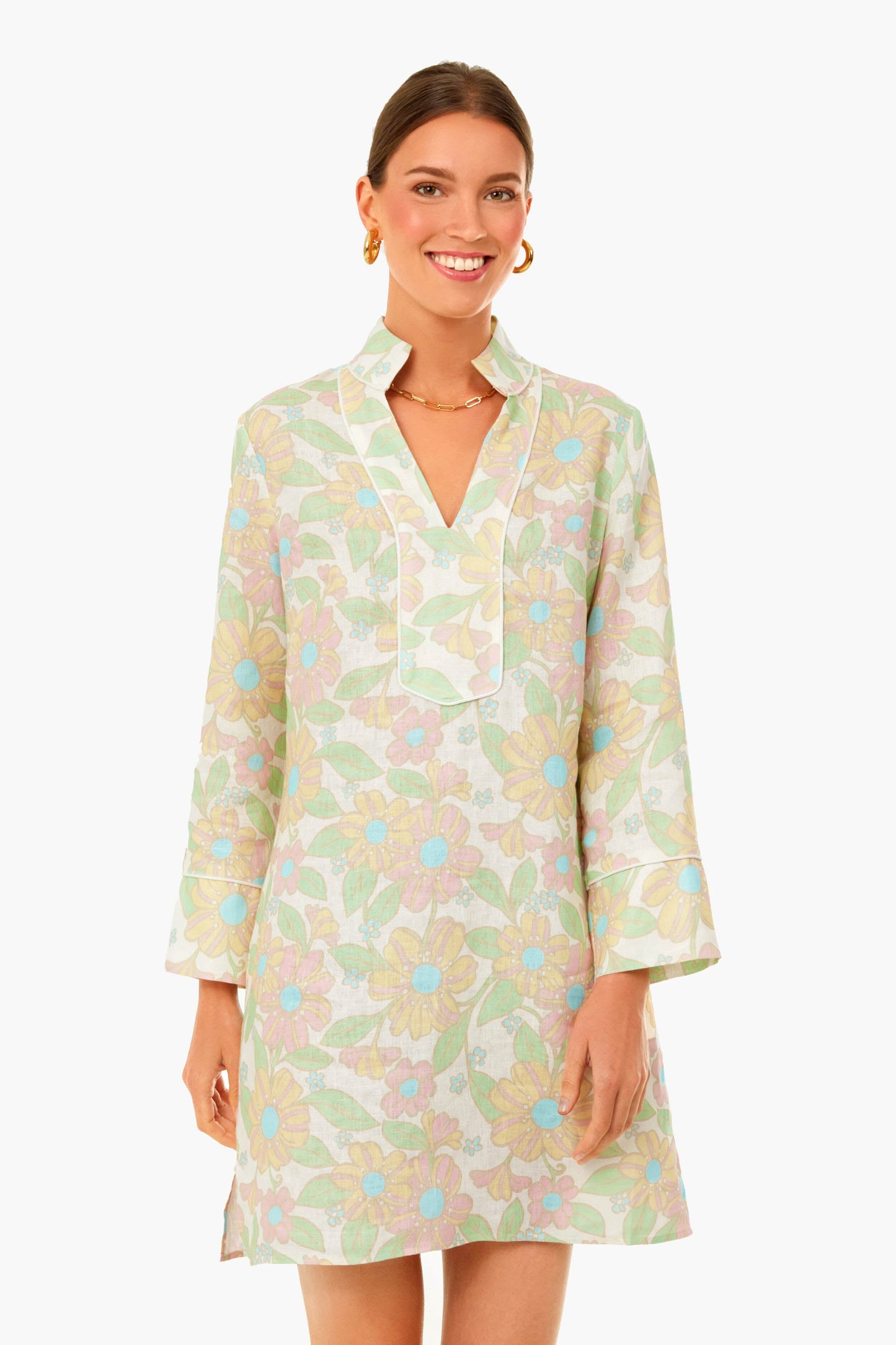 Retro Floral Long Sleeve Classic Tunic Dress