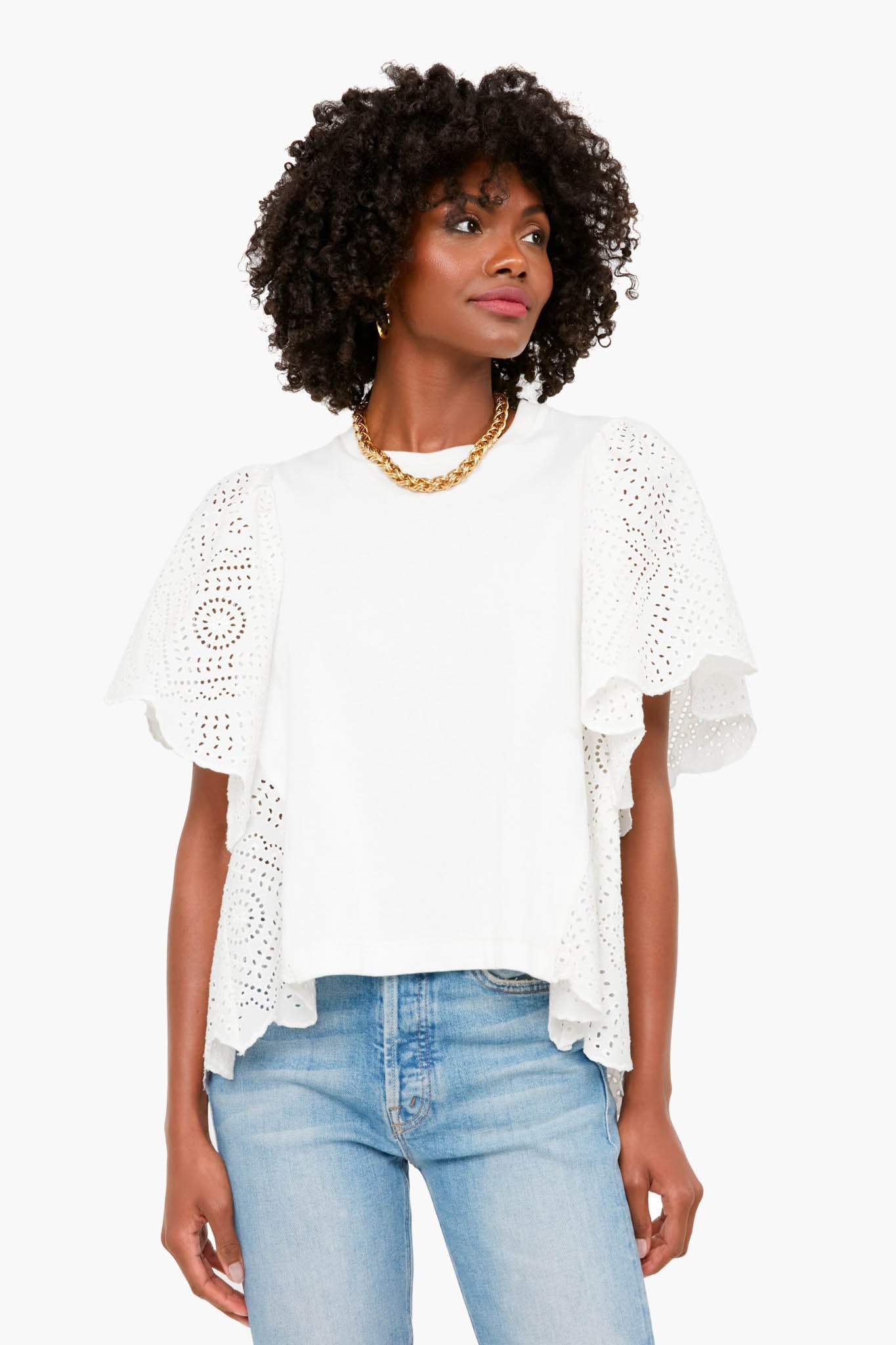 White Vienne Eyelet Flutter Sleeve Top