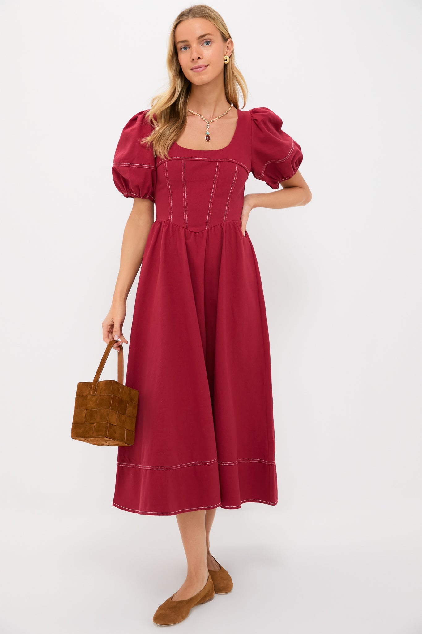 Oxblood Puff Sleeve Midi Dress