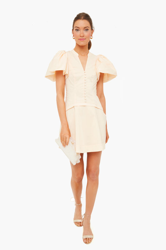 Almond Bessie Ruched Poplin Puff Sleeve Mini Dress