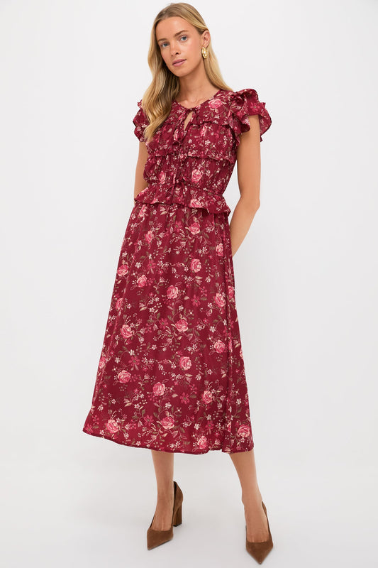 Oxblood Multi Floral Midi Dress