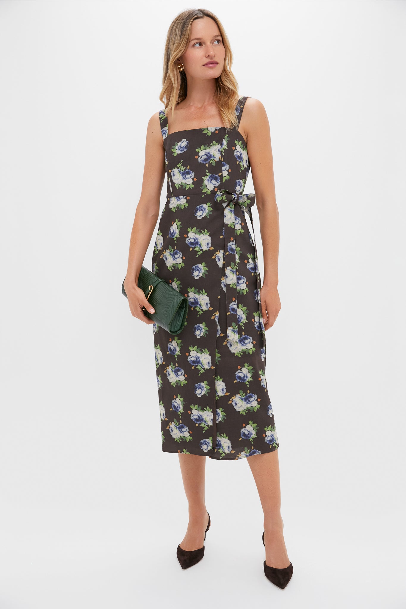 Brown & Blue Floral Wrap Tasha Midi Dress