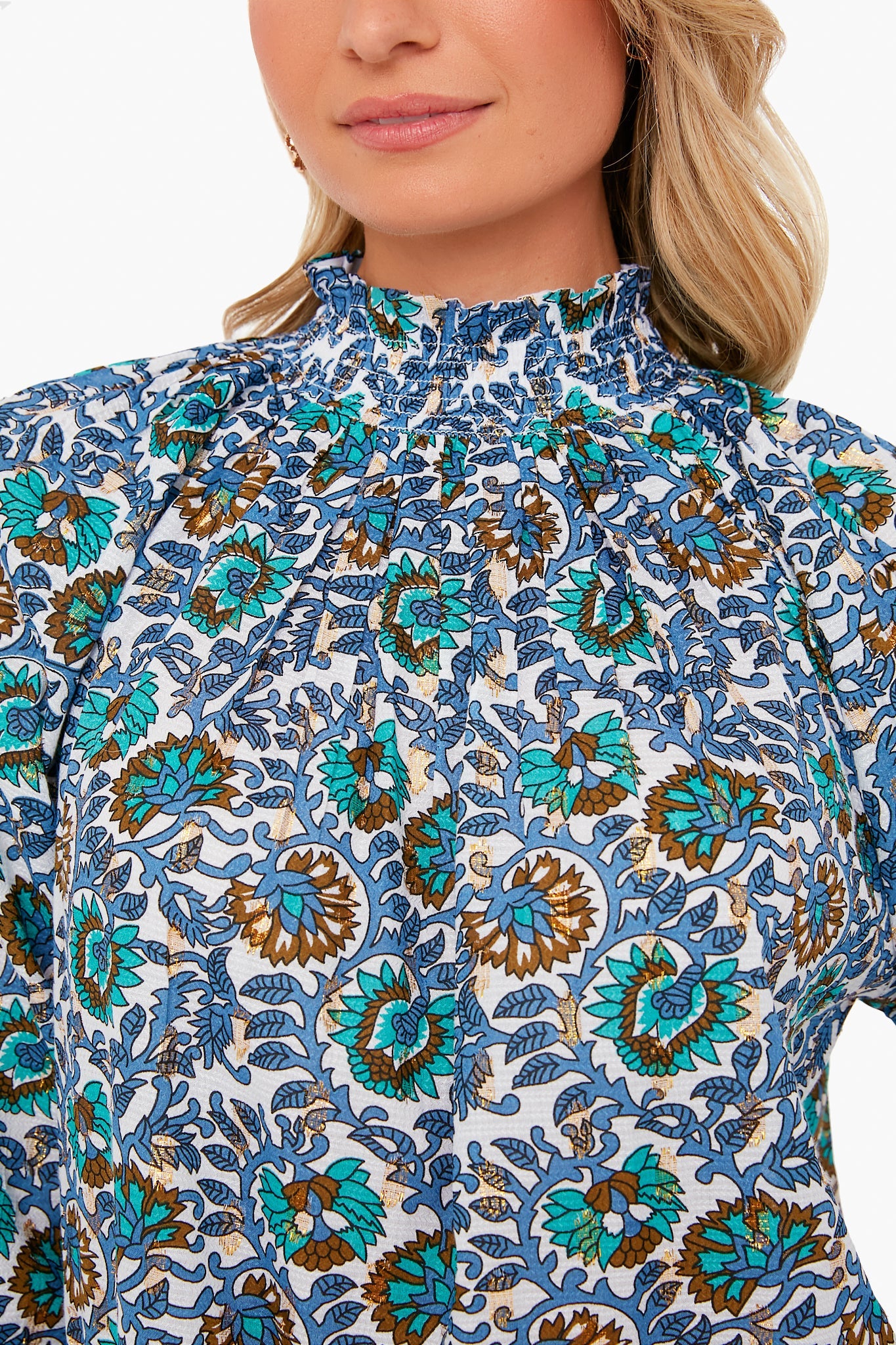 Gold Lurex Dot Napa Blue High Neck Top